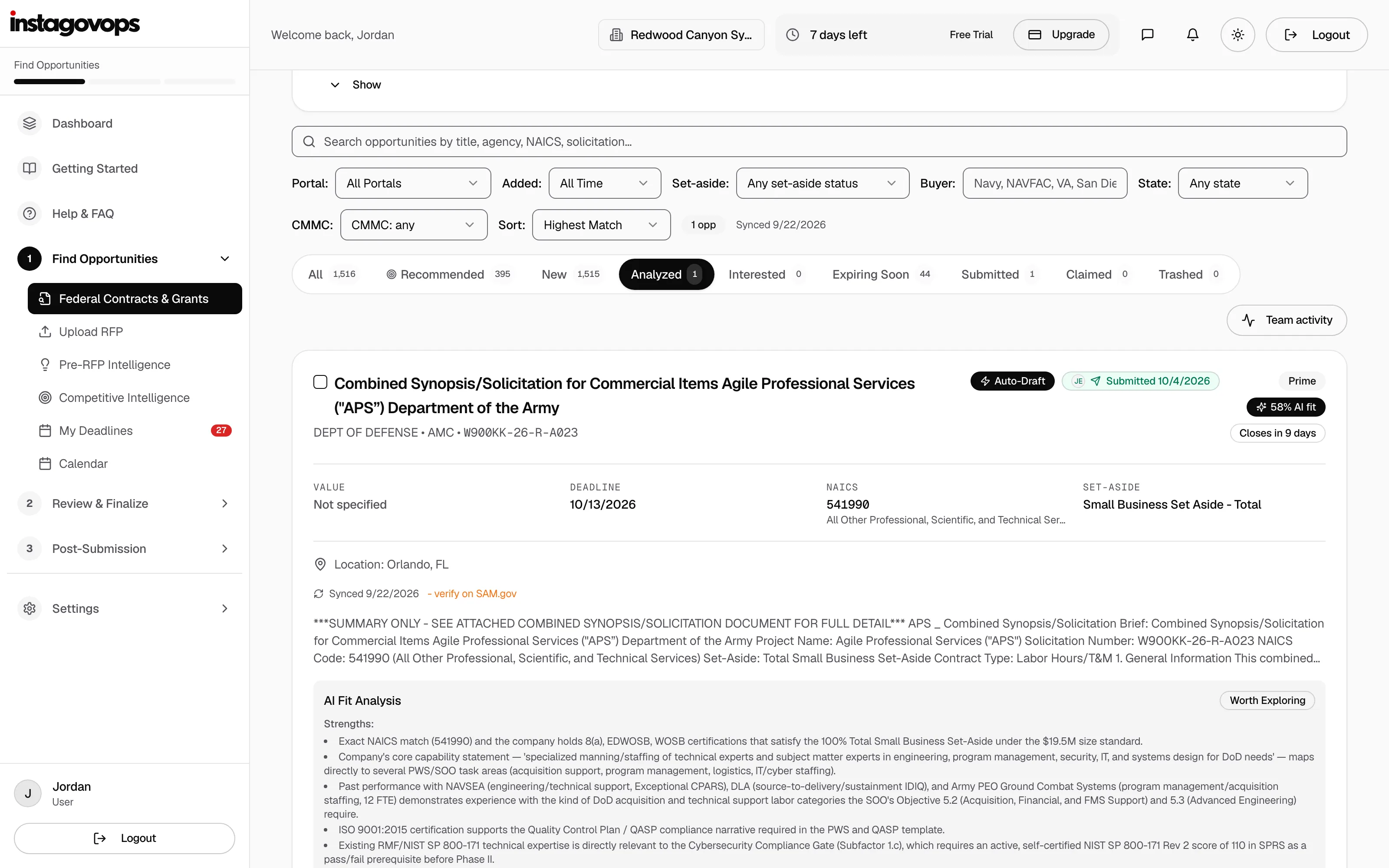 The Opportunities screen: federal notices scored against the company's profile, with the fit analysis open on the best match